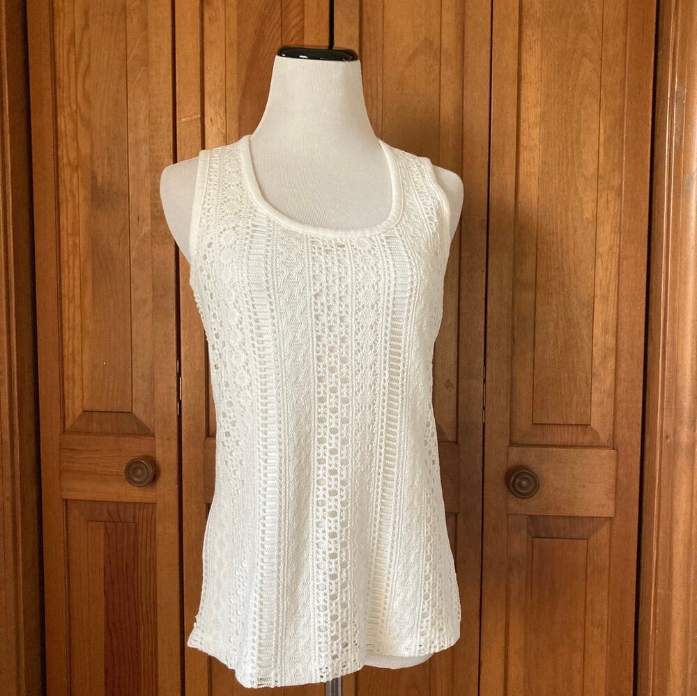 Rafaella White Crochet Front Pullover Top, Size S